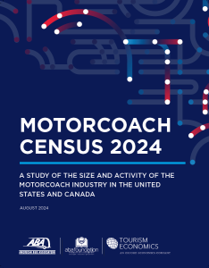 A cover image for the Motorcoach Census 2024 research. The cover features a dark blue background with a series of dots connected with semi-transparent lines, visualizing a bus network. The report title 'Motorcoach Census 2024' appears in the middle of the page with white text. Below is the research subhead 'A Study of the Size and Activity of the Motorcoach Industry in the United States and Canada. August 2024." The logos of three organizations are shown at the bottom of the page: American Bus Association, ABA Foundation, and Tourism Economics an Oxford Economics Company.