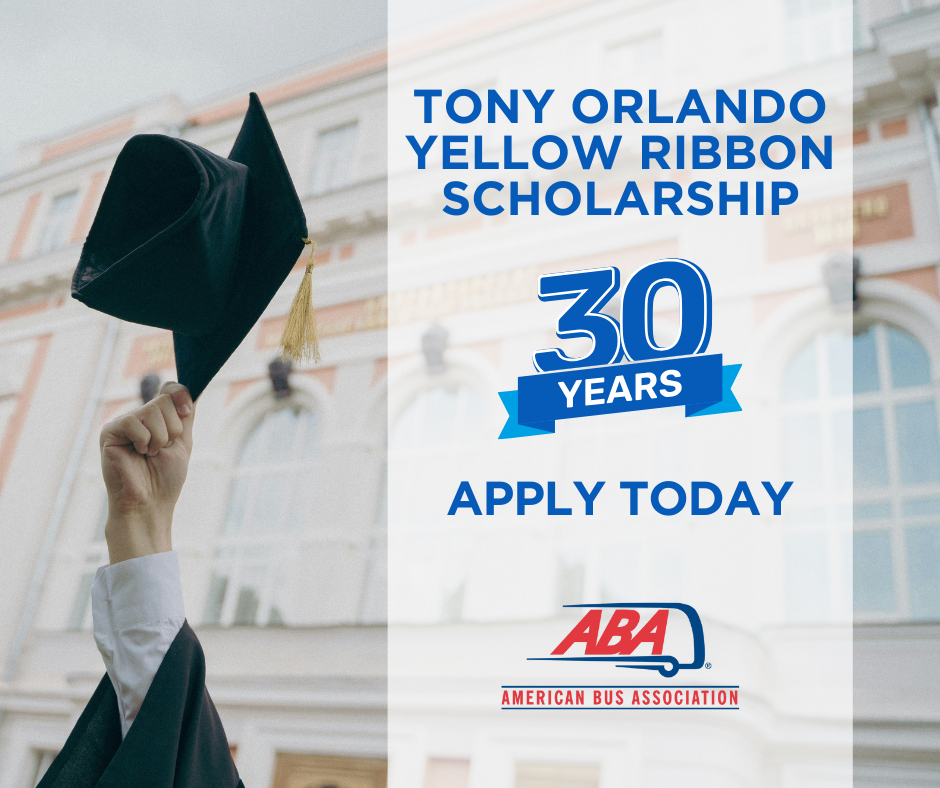 An image celebrating the 30th anniversary of the Tony Orlando Yellow Ribbon scholarship. There is an image of a person holding a graduation cap in the air on the left side of the image. To the right is a text overlay that reads "Tony Orlando Yellow Ribbon Scholarship" with a graphic that reads "30 Years" below. The image says "Apply Today" and has the American Bus Association Foundation logo at the bottom. 